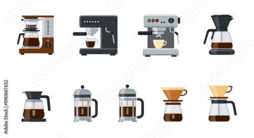 Coffee Makers Collection: Drip, Espresso, French Press, Pour Over - Flat Icons
