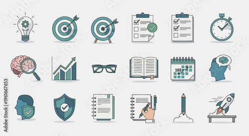 Business Idea Icons: Strategy, Planning, Execution, Success, Time Management, Goals