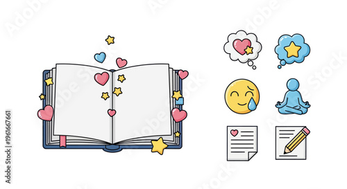 Open Book with Hearts, Stars, and Emoticons - Storytelling, Creativity, and Emotions