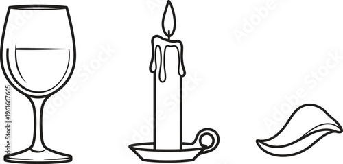 Set of elegant line art icons featuring a wine glass lit candle and leaf perfect for romantic dinner themes or special occasion designs