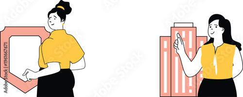 Two women interacting with digital devices in a modern and friendly office environment showcasing technology use