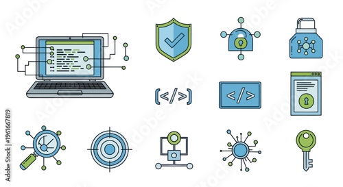 Technology Icons: Laptop, Security, Code, Network, Data, Analytics, Strategy, Key