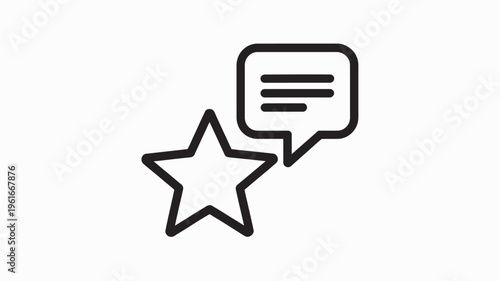 A star symbol with a speech bubble icon on a white background, representing rating and feedback.