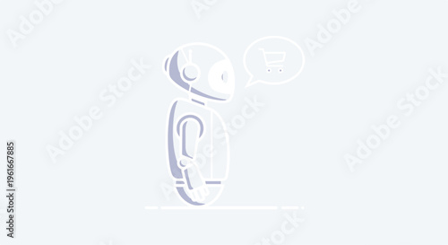 Minimalist White Robot with Shopping Cart Bubble Vector Illustration