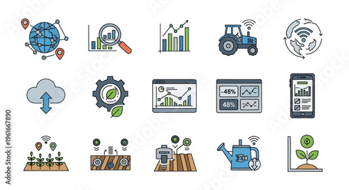 Smart Farming Technology Icons: Agriculture, Innovation, Data, IoT, Precision Farming