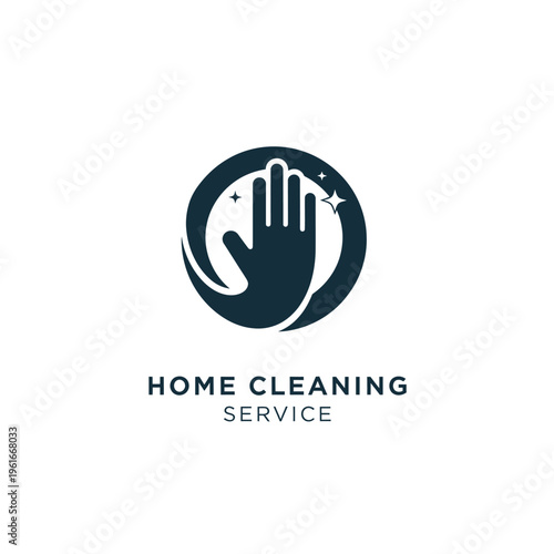 Home cleaning service logo with hand and sparkles inside circular frame for professional maintenance.