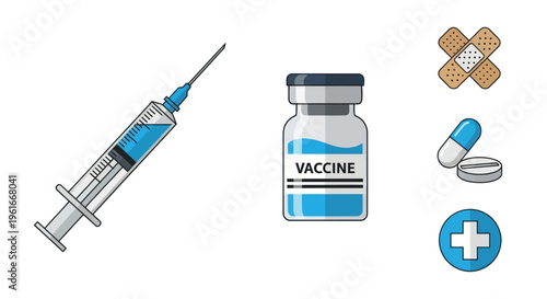 Vaccine Syringe, Vial, Pills, Bandage, Medical Cross Icons Set