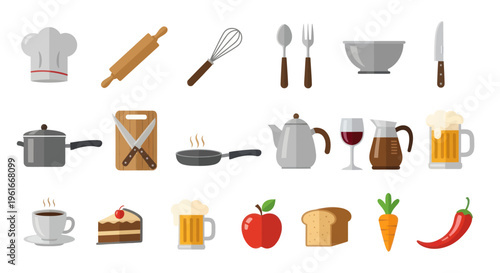 Kitchen Utensils and Food Icons Set: Cooking, Baking, Drinks, and Ingredients