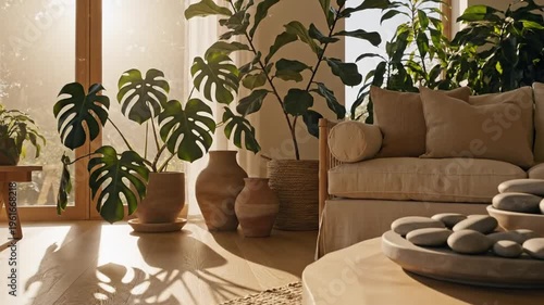 Sacred calm living room with lush indoor plants and natural clay pots in warm sunlight