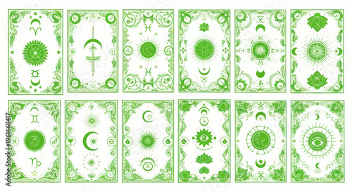 Mystical Zodiac Signs & Celestial Symbols Green Illustration Set