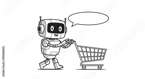 Black and White Robot Pushing Shopping Cart Vector Illustration with Speech Bubble