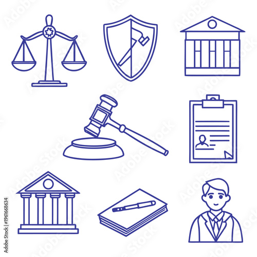 Legal symbols and concepts, scales of justice, courthouse and law enforcement