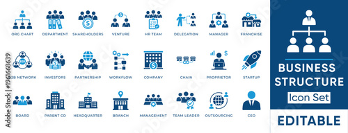 Business structure icon set. Corporate hierarchy, org chart, shareholders, investors, franchise, outsourcing and workflow. Solid vector icons collection.