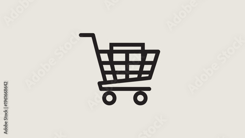 A simple black shopping cart icon on a beige background for e-commerce and retail concepts