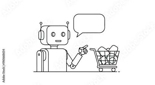 Robot chatbot pointing at shopping cart with speech bubble vector illustration