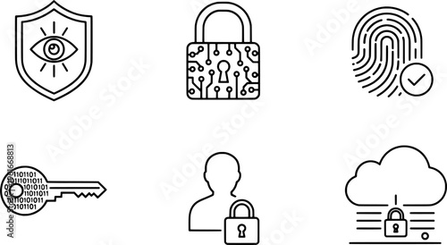 Clean outline data privacy and digital protection symbols collection, "Created with AI assistance and manually refined."
