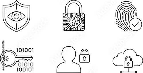 Minimalist cybersecurity and biometric identity icon set, "Created with AI assistance and manually refined."