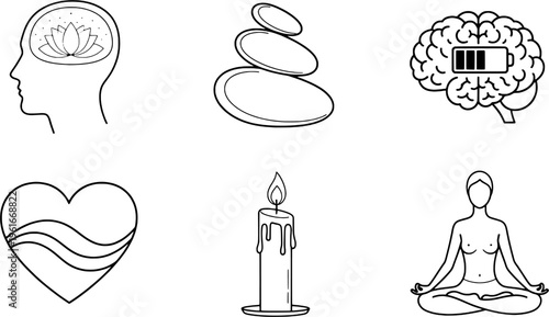 Minimalist mental wellness and zen meditation icon set, "Created with AI assistance and manually refined."