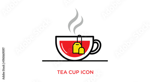 Simple vector graphic illustration of a hot steaming cup of tea with a dangling yellow teabag