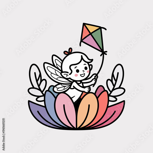 Cute little fairy sitting inside a vibrant pastel lotus flower playing with a small colorful kite in a whimsical hand drawn doodle style vector illustration for kids design