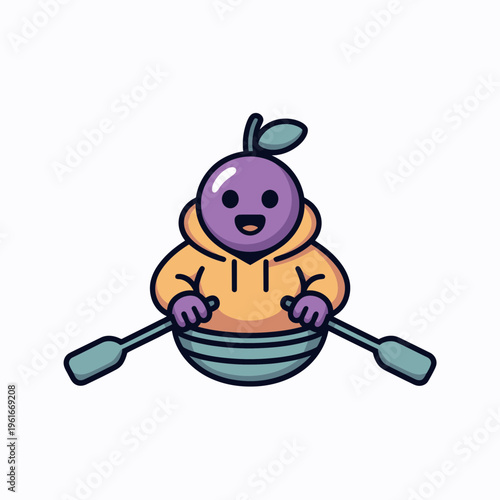 Cute cartoon plum character wearing an orange hoodie rowing a small boat with paddles in a playful minimalist vector illustration design for children and educational use