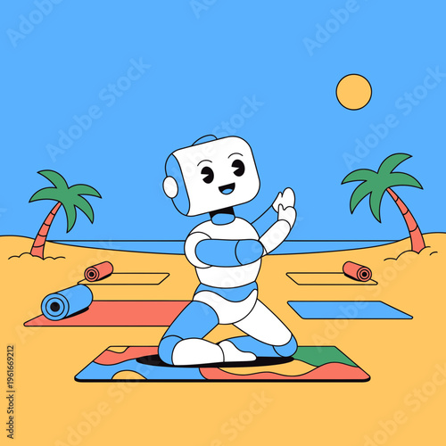 Cute cartoon robot performing yoga pose on a sandy beach with tropical palm trees and bright sunlight in a flat vector illustration style for wellness and technology concept