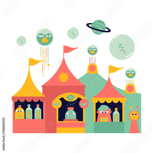 Whimsical alien carnival town illustration featuring colorful fairground tents and friendly extraterrestrial characters floating in a vibrant retro sci fi space landscape
