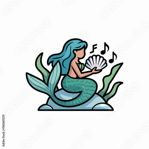 Cute cartoon mermaid sitting on a rock holding a seashell with floating musical notes in a whimsical underwater scene featuring vibrant green seaweed and blue water tones