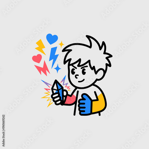 Cartoon character holding glowing crystal generating vibrant symbols of hearts and lightning bolts for dynamic digital graphic design elements on a clean light gray background