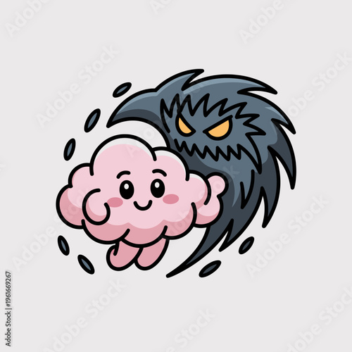 Cute pink brain character smiling while being haunted by a dark shadowy monster representing mental health struggles anxiety and stress in a minimalist vector illustration