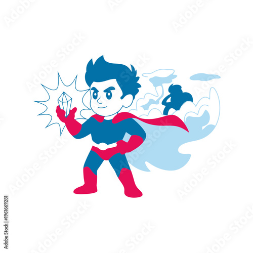 Cartoon superhero boy holding a glowing magic crystal gemstone with a flowing red cape in a minimalist vector style design isolated against a clean white background set