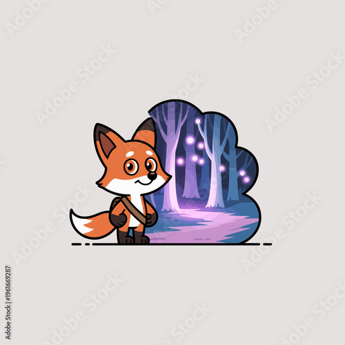 Cute cartoon fox explorer standing beside a magical enchanted forest path with glowing fireflies in a whimsical vector illustration design for children and storybooks