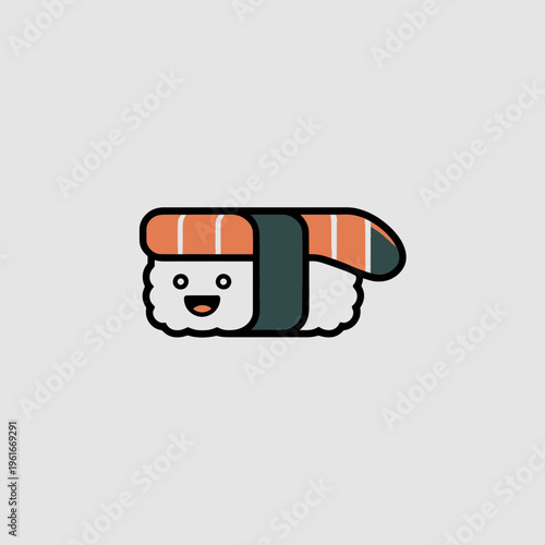 Cute cartoon nigiri sushi character with happy smiling face and salmon topping minimalist flat vector illustration isolated on a simple light gray background design element