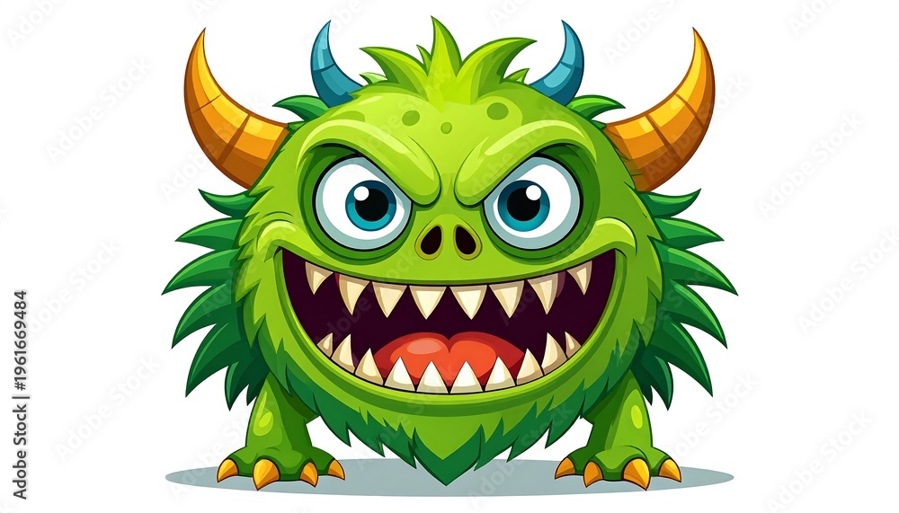 Fototapeta premium Cartoon-style fluffy green creature with horns and a wide grin, displaying sharp teeth