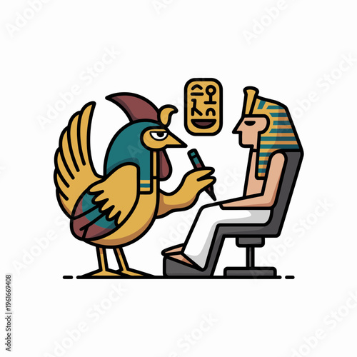 Anthropomorphic rooster artist drawing a portrait of an ancient egyptian pharaoh in a modern office chair vector illustration with vibrant colors and bold graphic line art
