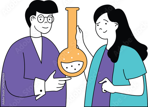 Two enthusiastic scientists discussing a laboratory experiment with a glass apparatus between them