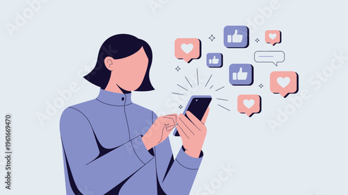 A woman interacting with her smartphone surrounded by social media likes and hearts