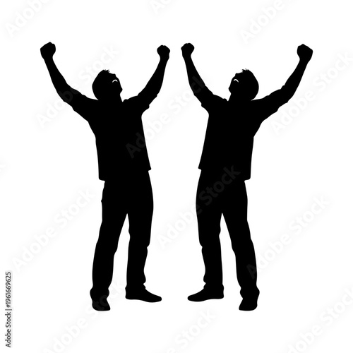 Silhouette of two men celebrating success with arms raised.