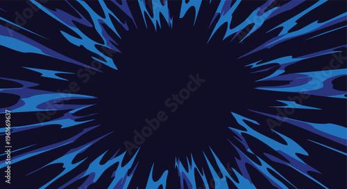 Dynamic abstract blue energy burst radiating from a central void on a dark background perfect for creating impactful visual design elements and