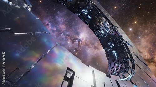 Futuristic Metallic Ring Structure in Space - This video features a complex metallic ring structure set against a backdrop of colorful nebulae and stars.