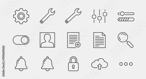 Set of outline icons representing settings, tools, and notifications for user interface design.