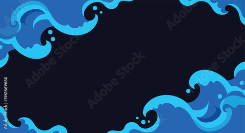 Stylized ocean waves framing a dark background with an empty central space providing a vibrant aquatic-themed design template for various creative
