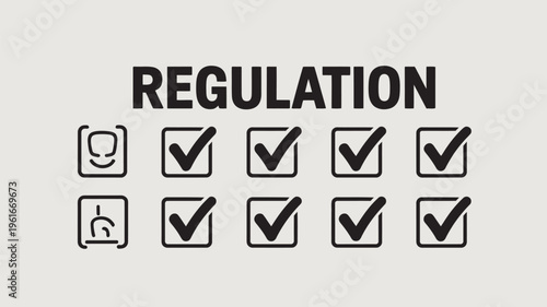A graphic illustration of regulation with checked boxes and icons on a plain background