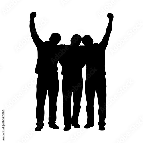 Silhouette of three friends celebrating with arms raised in victory.
