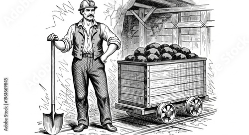 Vintage Coal Miner Illustration with Cart Full of Coal.
