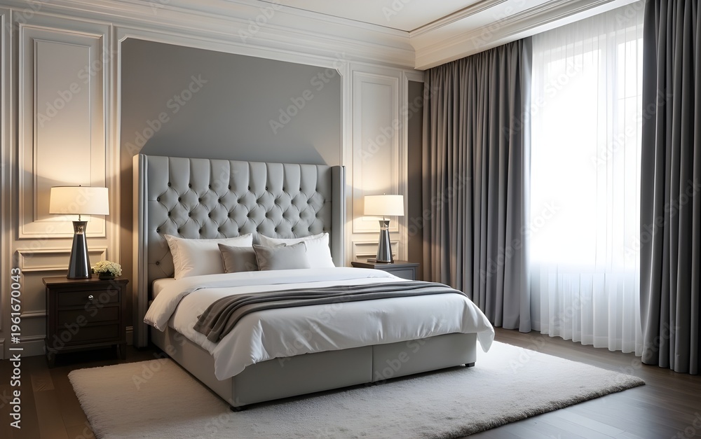 Fototapeta premium Bright bedroom interior featuring clean minimalist decor