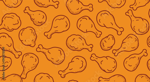 Stylized chicken drumsticks and fried pieces in a seamless orange pattern for food-themed design elements