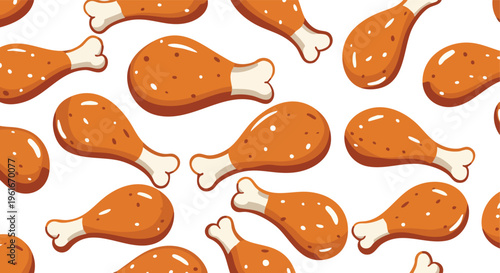 Cartoon crispy fried chicken drumsticks forming a savory seamless pattern on a white background for food illustration and graphic design