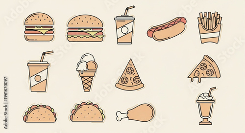 Collection of Fast Food Icons - Burgers, Pizza, Hot Dogs, and More.