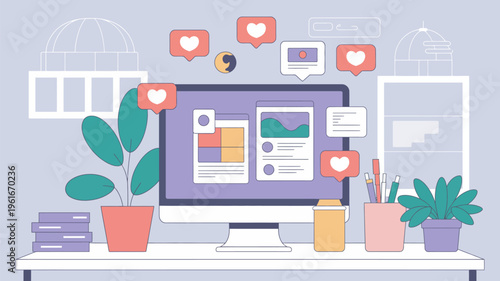 A colorful illustration of a computer on a desk surrounded by plants and social media icons